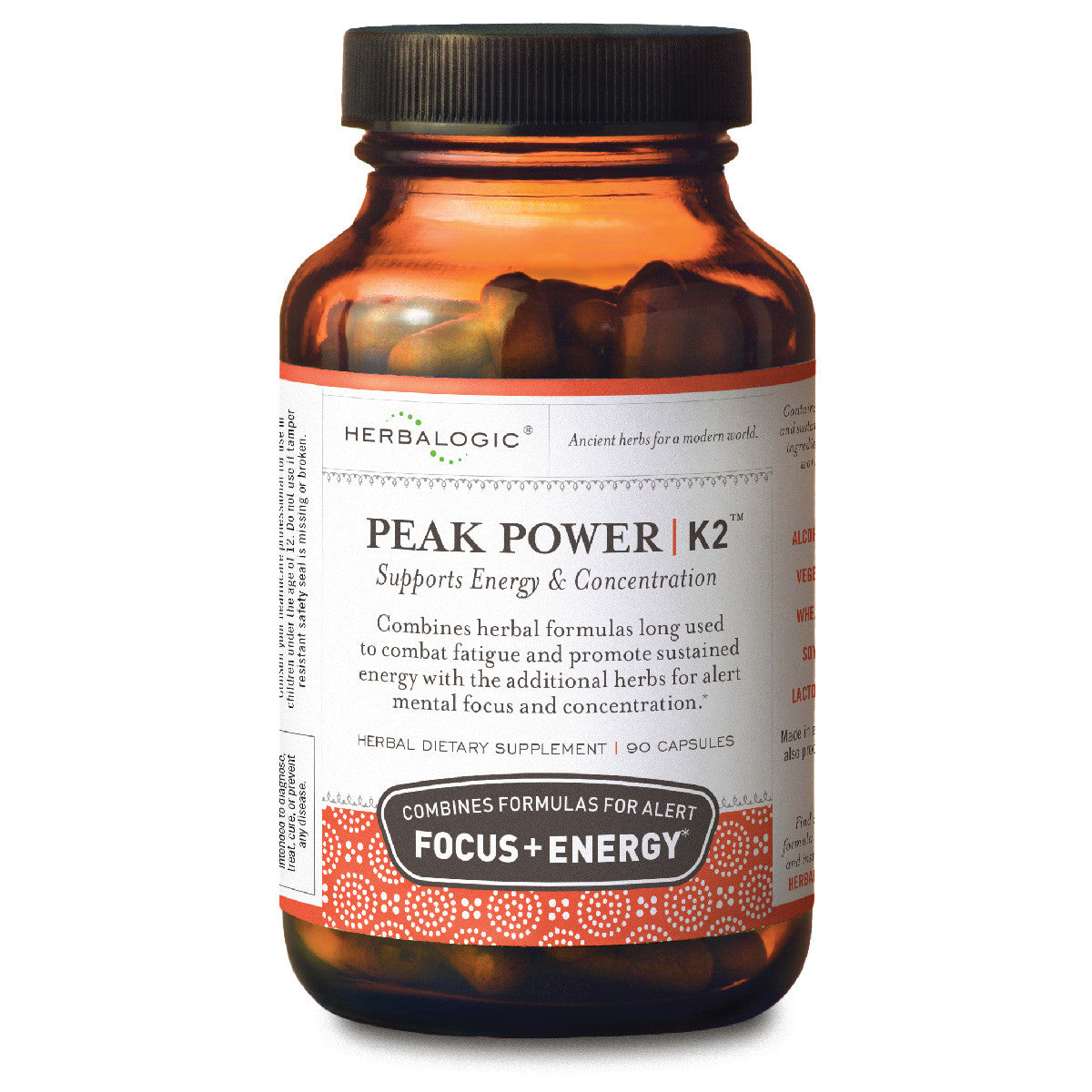 Herbalogic Peak Power K2 Herb Capsules 90 count bottle for combined energy and focus