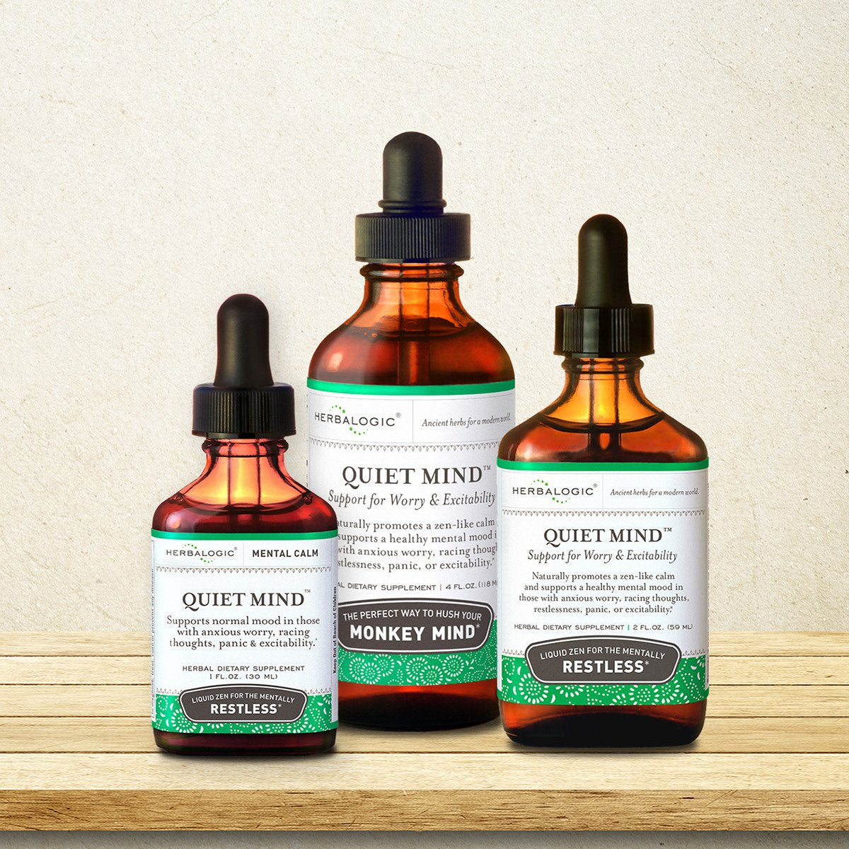 Herbalogic Quiet Mind Liquid Herb 1 oz, 2 oz and 4 oz bottles to quiet racing thoughts, nerves and anxious worry