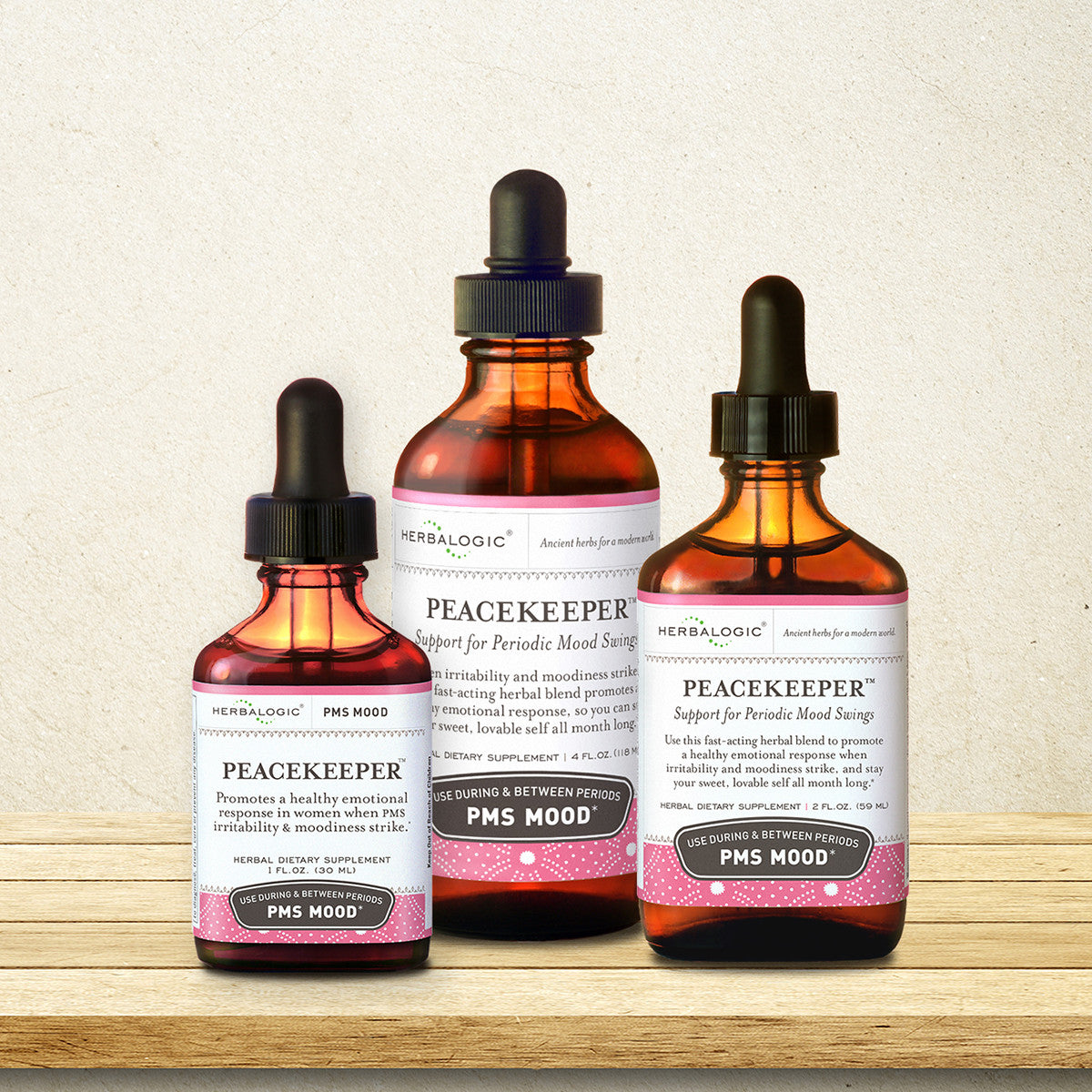 Herbalogic Peacekeeper Herb Drops 1 oz, 2 oz and 4 oz bottles for menstrual mood swings