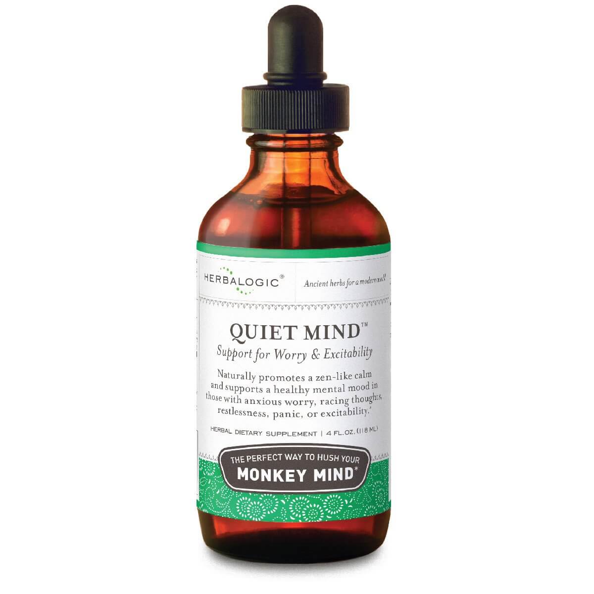 Herbalogic Quiet Mind Liquid Herb 4 oz bottle to quiet racing thoughts, nerves and anxious worry