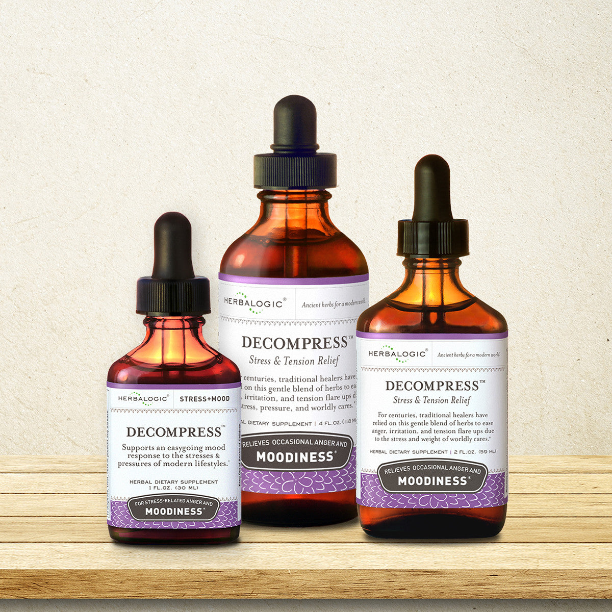 Herbalogic Decompress Herb Drops 1oz, 2 oz, and 4 oz bottles to relieve stress and improve mood naturally