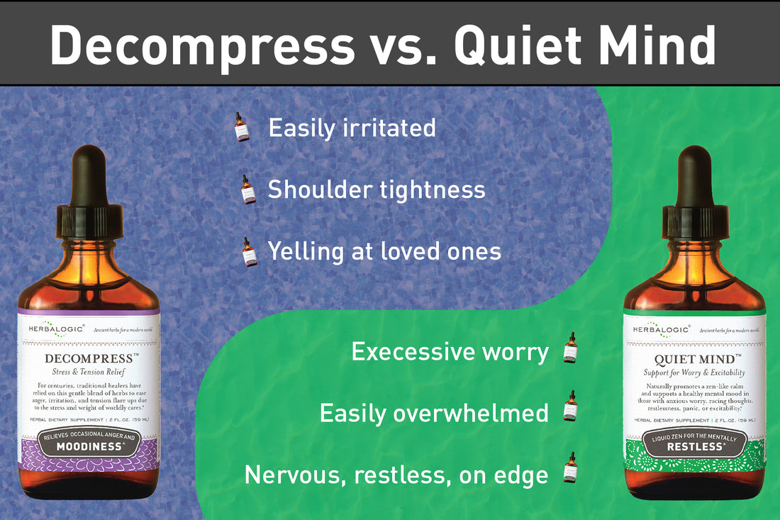 infographic to help choose between Decompress and Quiet Mind herb formulas