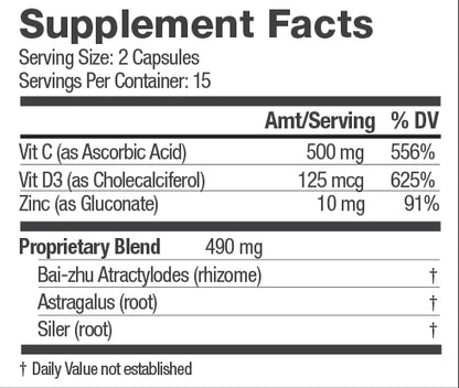 Herbalogic Support System VZ Herb Capsules Supplement Facts Panel with Vit C, D and Zinc 